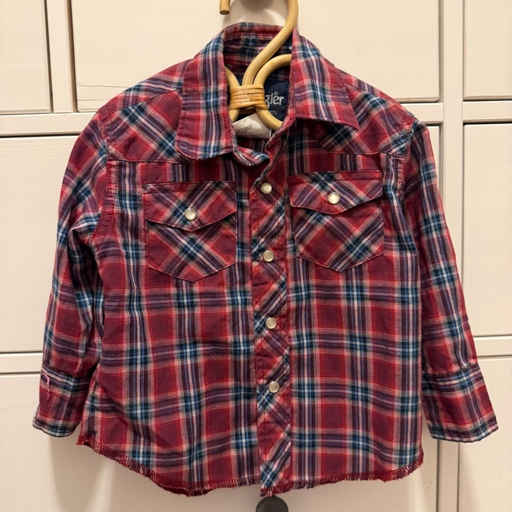 Wrangler Toddler Plaid Western Pearl Snap Shirt 2T Red Navy